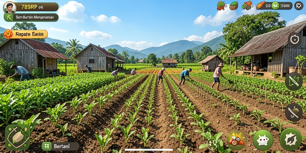 Screenshot utama 789RP menampilkan petani di ladang yang subur.